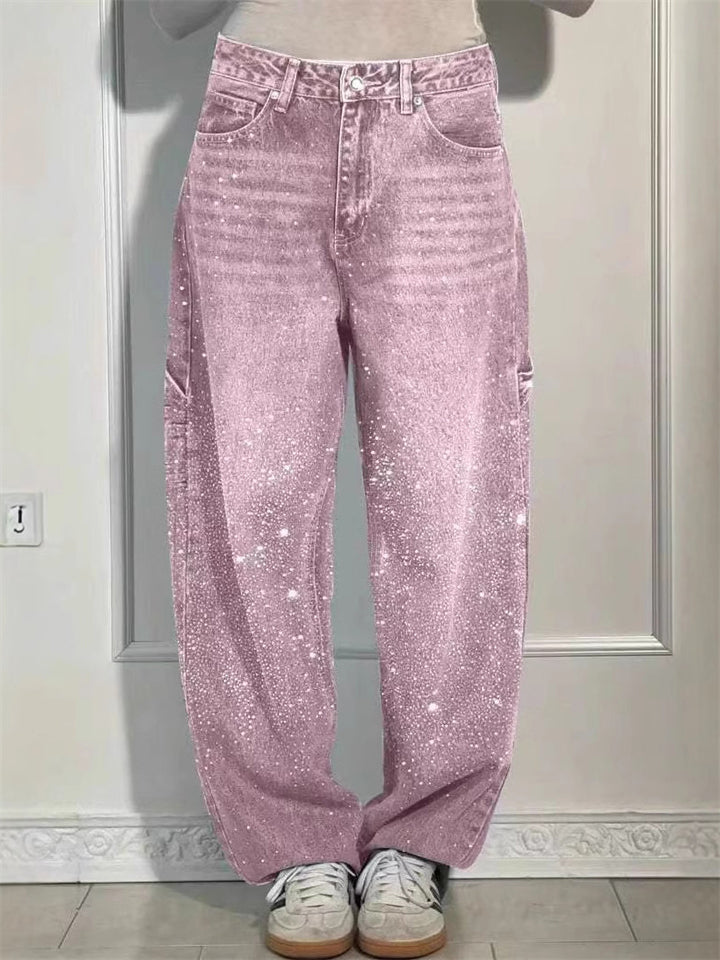 Women's Stylish Straight Wide Leg Bling Bling Denim Pants