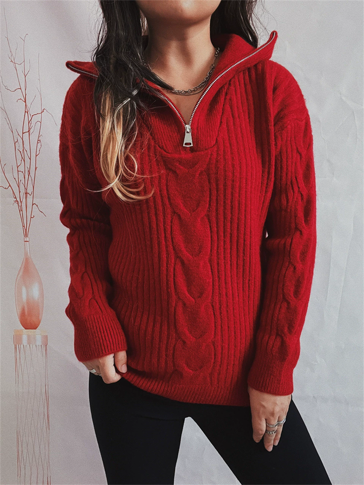 Women's Solid Color Crochet Zip Up Pullover Lapel Sweater