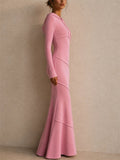 Women Pink Ribbed Hooded Long Sleeve Bodycon Maxi Dress