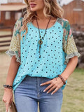 Women's Summer Tiny Heart Print Patchwork Short Sleeve Shirts