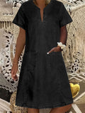 Women's Summer Solid Color V Neck Pockets Denim Dress