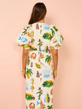 Female Cartoon Seafood Fruit Print Puff Sleeve Midi Dress