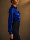 Women Elegant Royal Blue V Neck Silky Long Sleeve Satin Blouses