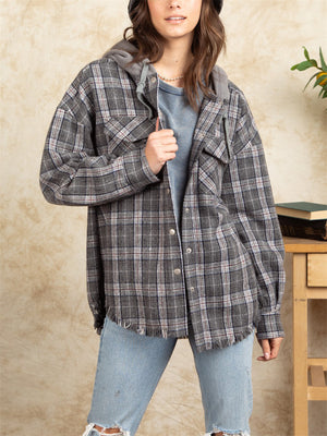 Women's Multicolored Plaid Hooded Coat with Pockets
