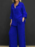 Women's 2Pcs Casual Holiday Style Solid Color Long Sleeve Shirt & Pant Set
