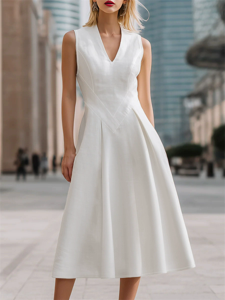 Ladies' Summer Elegant White V Neck Pleated Sleeveless Midi Dress