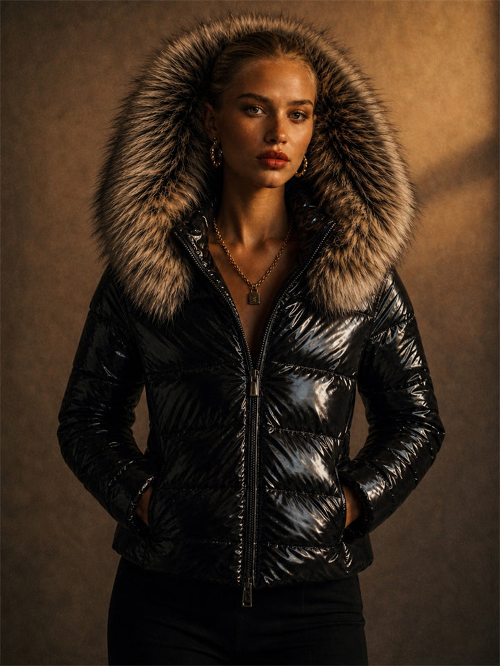 Women Shiny Faux Fur Hood Winter Puffer Parka Coats