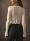 Womens Ruched Sweetheart Neck Twist Front Bell Sleeve Top