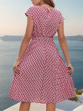 Female Popular Waist Lacing Cap Sleeve Printed Dresses
