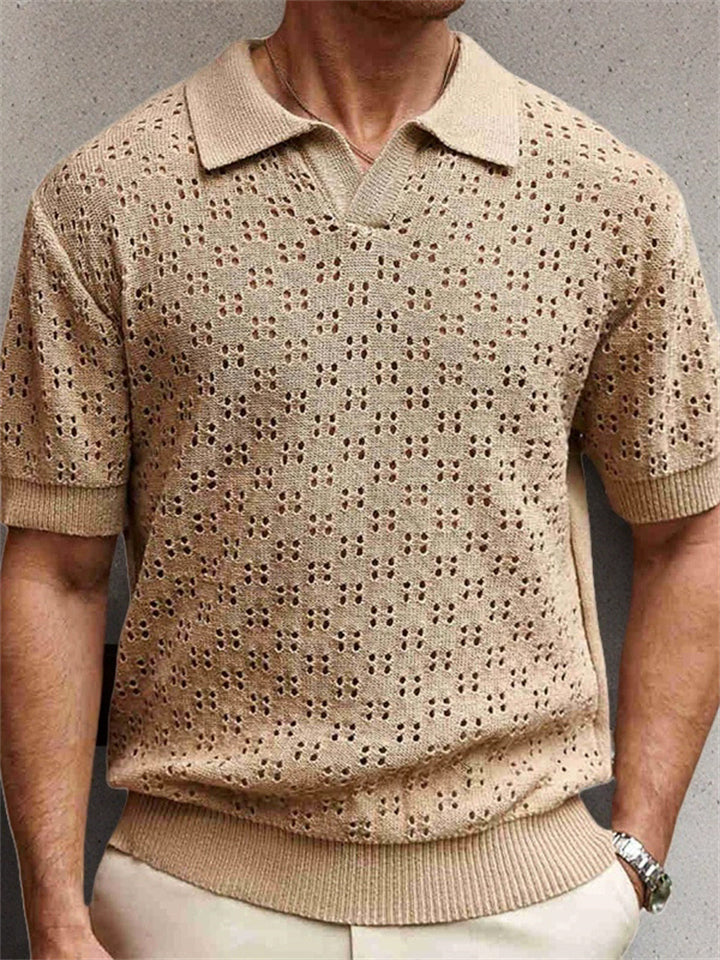 Male's Summer Casual Cool Solid Color Hollow Short Sleeve Knitted Shirts