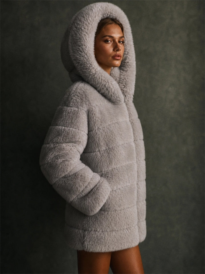 Ultra Comfortable Pocket Faux Fur Hooded Midi Length Coat