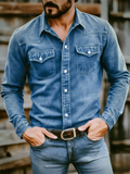 Mens Slim Fit Western Long Sleeve Button Down Denim Shirts