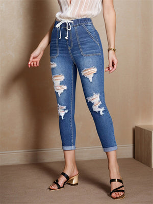 Fashionable Dark Blue Ripped Jeans for Ladies
