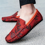 Male's Trendy Faux Leather Roses Printed Flats Moccasin Shoes