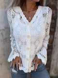Women's Solid Color Hollow V Neck Button Up Blouses