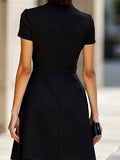 Female's Elegant Black High-Neck Dress with Belted Waist