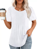 Women's Casual Solid Color Pleated Round Neck Short Sleeve Shirts
