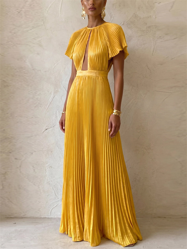 Women's Gold Pleated Backless Cutout Party Maxi Dress