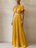 Women's Gold Pleated Backless Cutout Party Maxi Dress