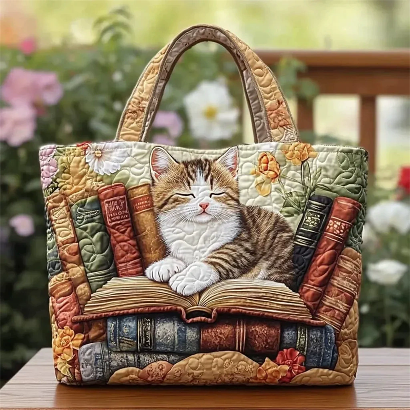 Cute Cat on Books Quilted Canvas Tote Bag