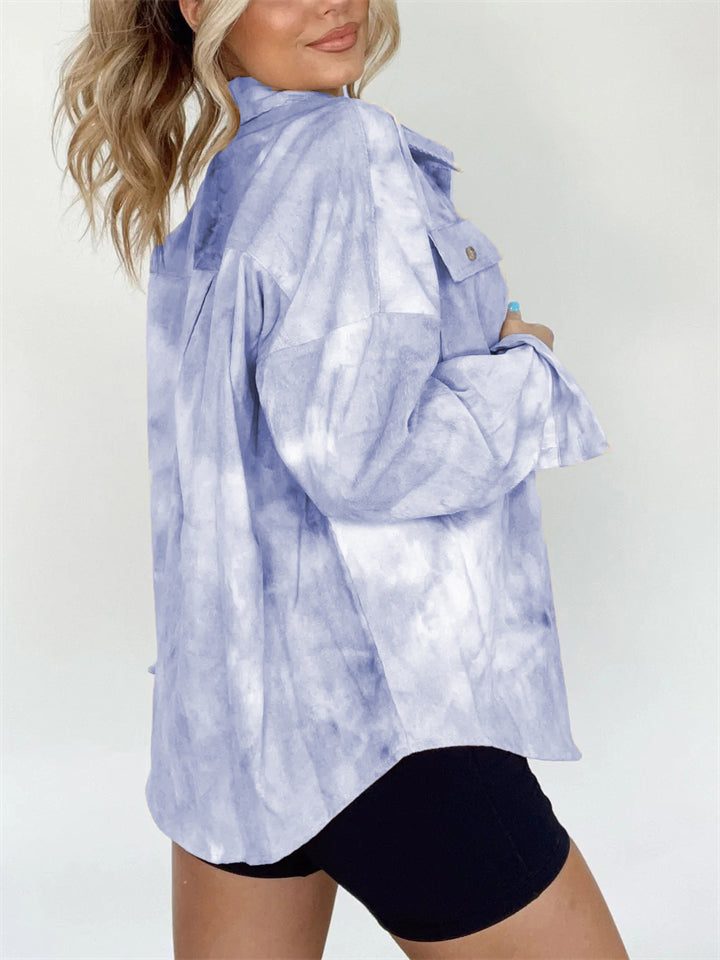 Women's Casual Tie-Dye Pockets Lapel Long Sleeve Blouses