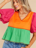Women's Contrast Color Printed Patchwork V Neck Lantern Sleeve Blouses