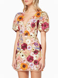 Women's Colourful Flower V Neck Bodycorn Mini Dress