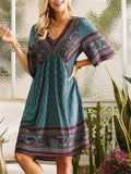 Ladies Ethnic Style Print V-Neck Knee-Length Dresses