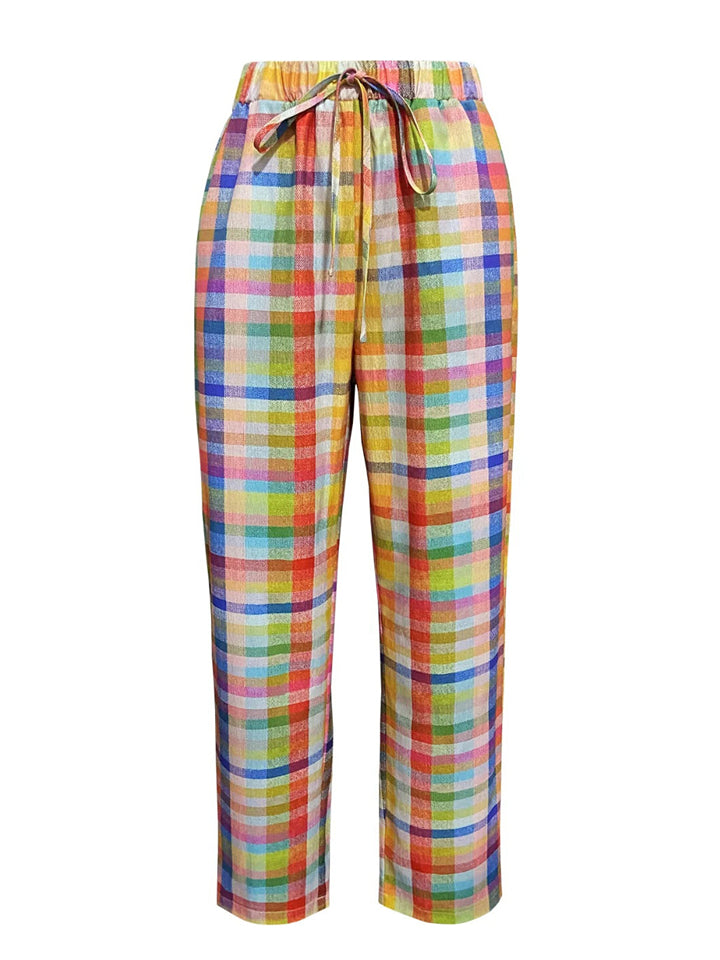 Women's Summer Contrast Color Plaid Drawstring Pants