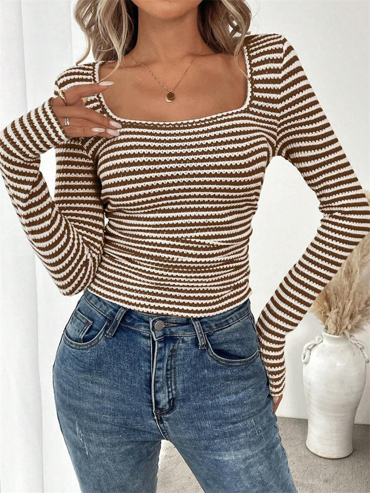 Women's Square Neck Striped Slim Fit Long Sleeve T-Shirts