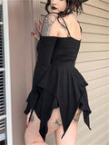 Irregular Hem Hollow Shoulder Long Sleeve Gothic Mini Dress for Women