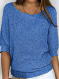 Casual Solid Color Round Neck 3/4 Sleeve Sweater for Women