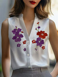 Ladies' Elegant White Flowers Printed Satin V Neck Sleeveless Blouses