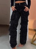 ‌Women's Multi Pocket Cargo Jeans with Rhinestones