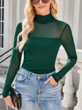 Women's Solid Color Mesh Patchwork High Neck Long-sleeve Undershirt