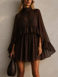 Women 2 Piece Chiffon High Neck Ruffle Mini Dress and Slip Set