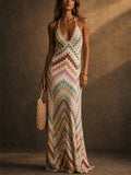 Women Crochet Zigzag Halter Backless Slim Fit Boho Beach Maxi Dress