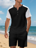 Men's Casual Waffle Contrast Color Comfy Beach Henry Shirt & Shorts Set