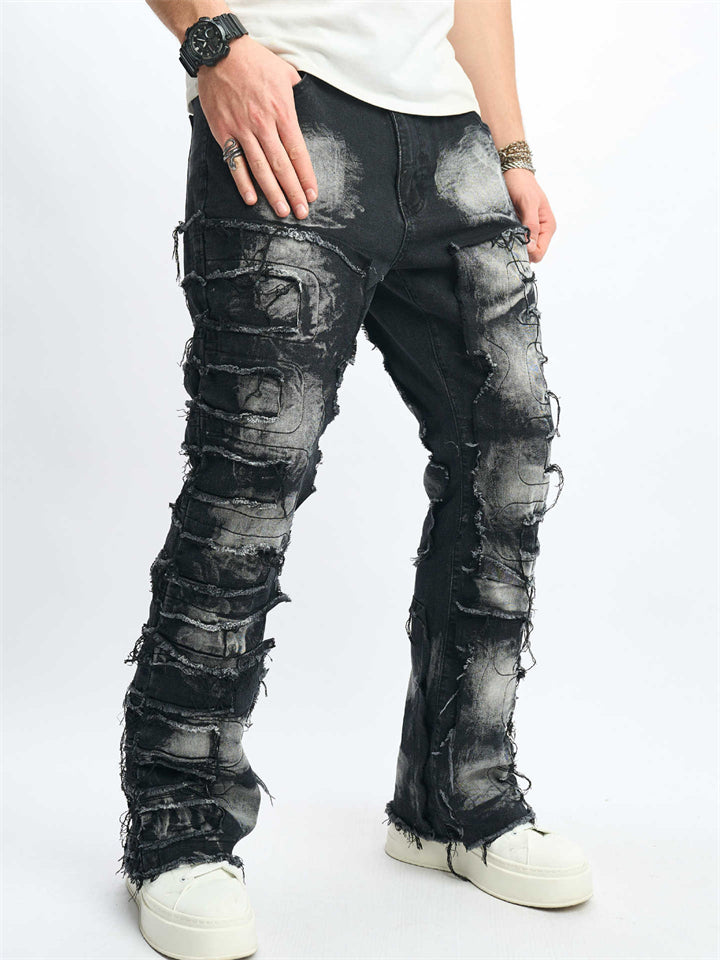 Men's High Street Black Patchwork Ripped Distressed Skinny Denim Jeans