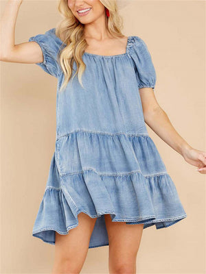 Women's Fashion Light Blue Denim Ruffled Hem Cake Dress