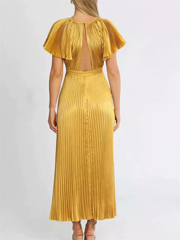 Elegant S‌ummer Yellow Pleated Evening Dress for Women‌
