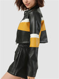 Women's Faux Leather Contrast Color Crop Motorcycle Coat