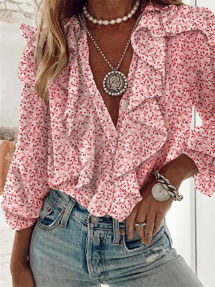 Women's Vintage Printed V Neck Ruffle Elegant Chiffon Shirt