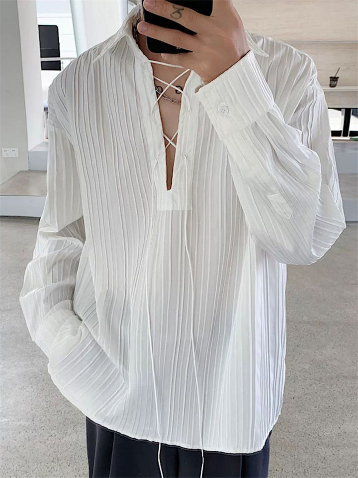 Men's Trendy Solid Color Pleated Lace Up Collar Long Sleeve Shirt