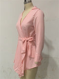 Women's Solid Color V Neck Asymmetric Hem Tie-waist Blouses