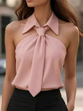 Female's Elegant Summer Solid Color Lapel Sleeveless Halter Blouse