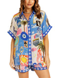 Women's 2pcs Casual Cartoon Print Short Sleeve Shirt & Pants Set
