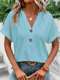 Women's Casual Solid Color Jacquard Button V-neck Pullover T-shirts