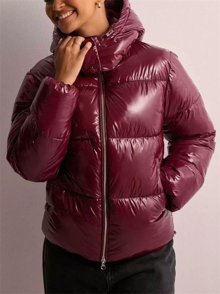 ‌Women's Shiny Short Puffer Jacket with Hood Warm Winter Coat‌s