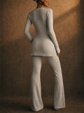 Women Ribbed Knit 2 Piece Lounge Long Sleeve Top and Flare Pants Set
